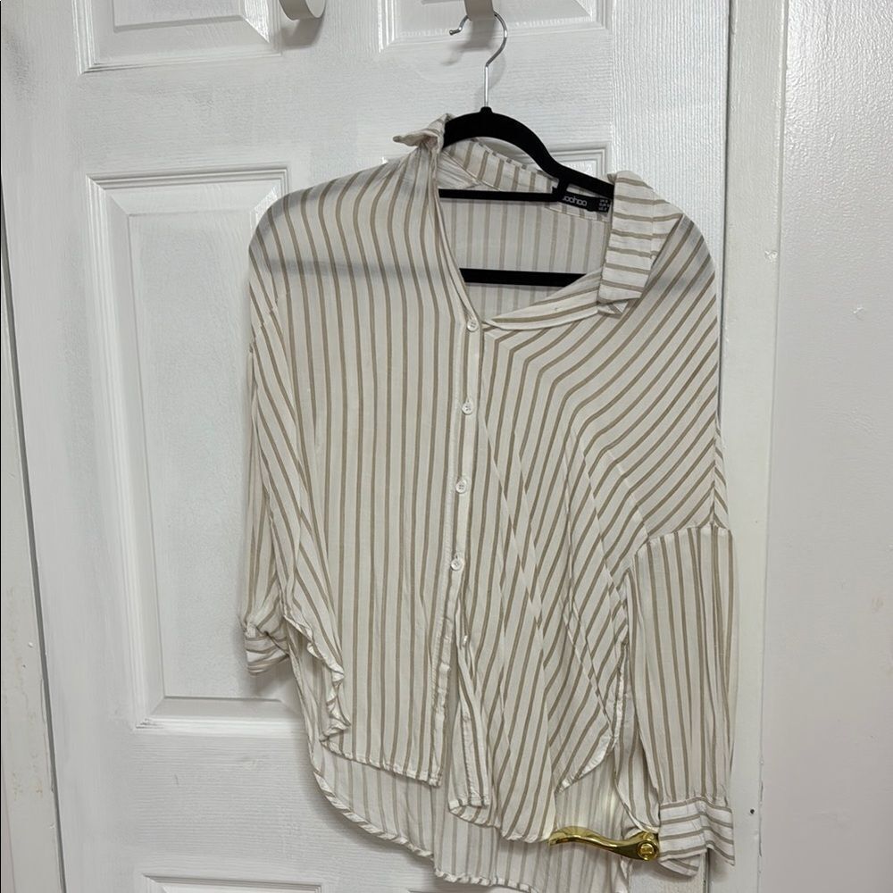 Boohoo Beige Striped Button-Down Shirt